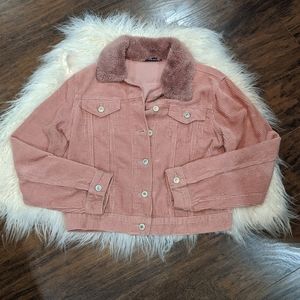 pink corduroy jacket with fur collar